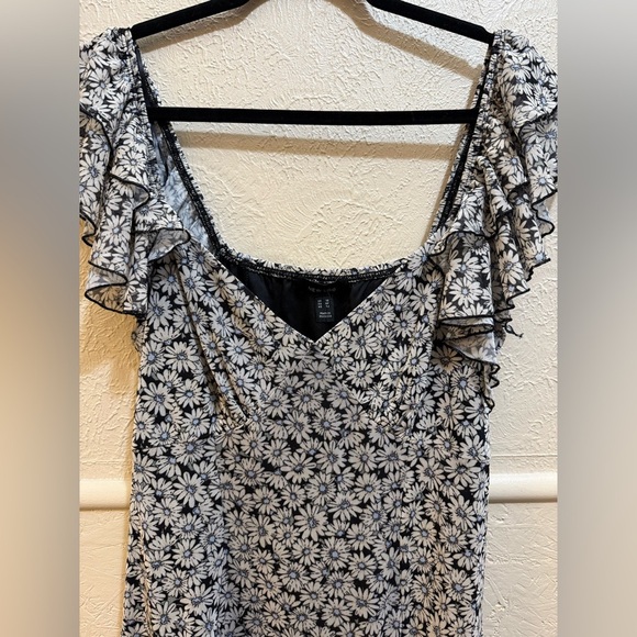 New Look Black Daisy Print Mesh Ruffle Mini Dress Sz 12 NWT - Picture 5 of 12
